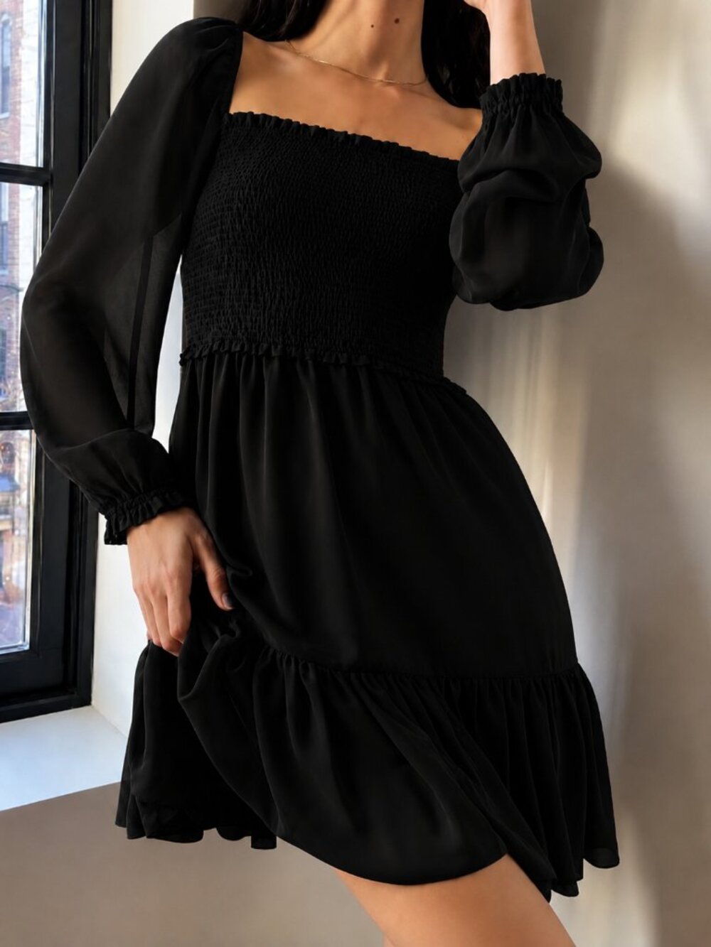 Aritzia Wilfred Tempest Mini Dress Smocked Chiffon Black Size Small
